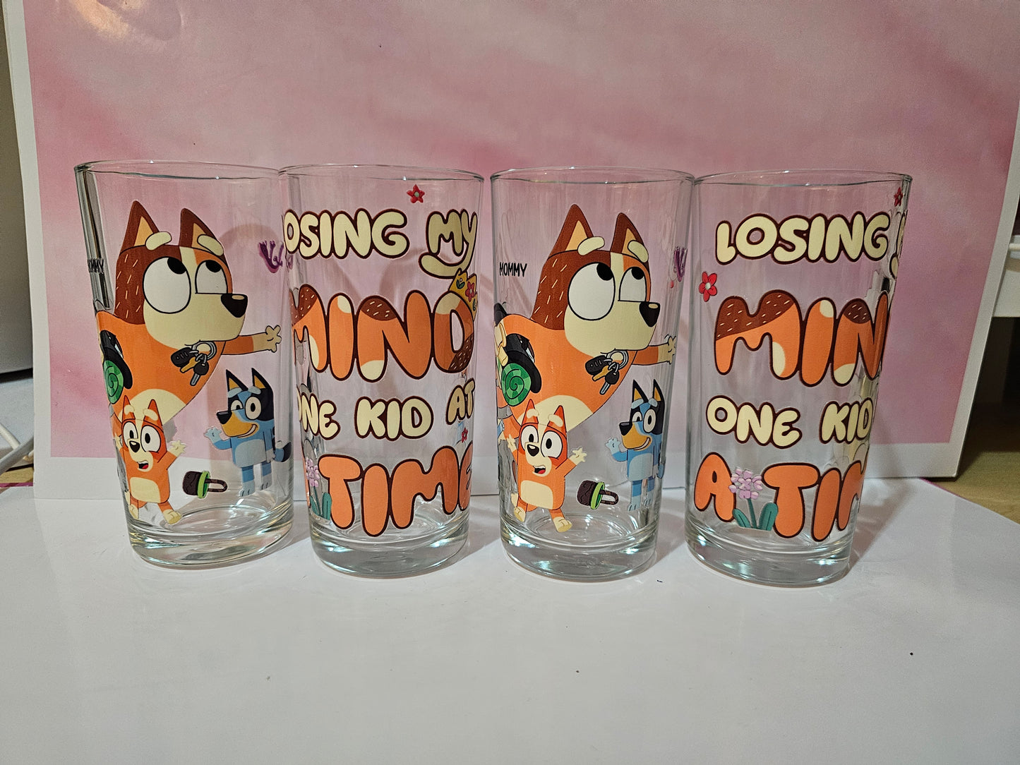 Set 4 Bluey theme half pint glasses