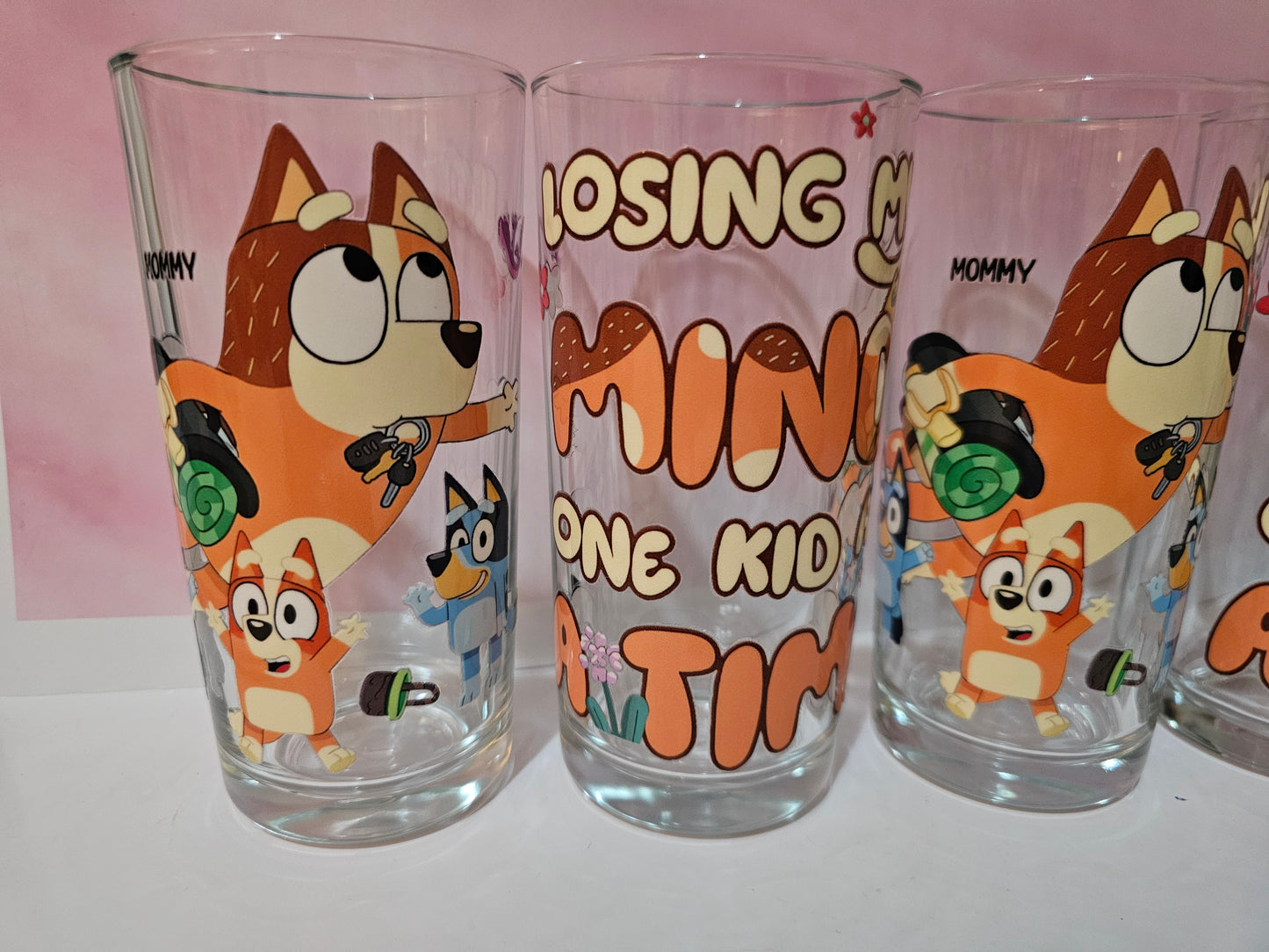 Set 4 Bluey theme half pint glasses